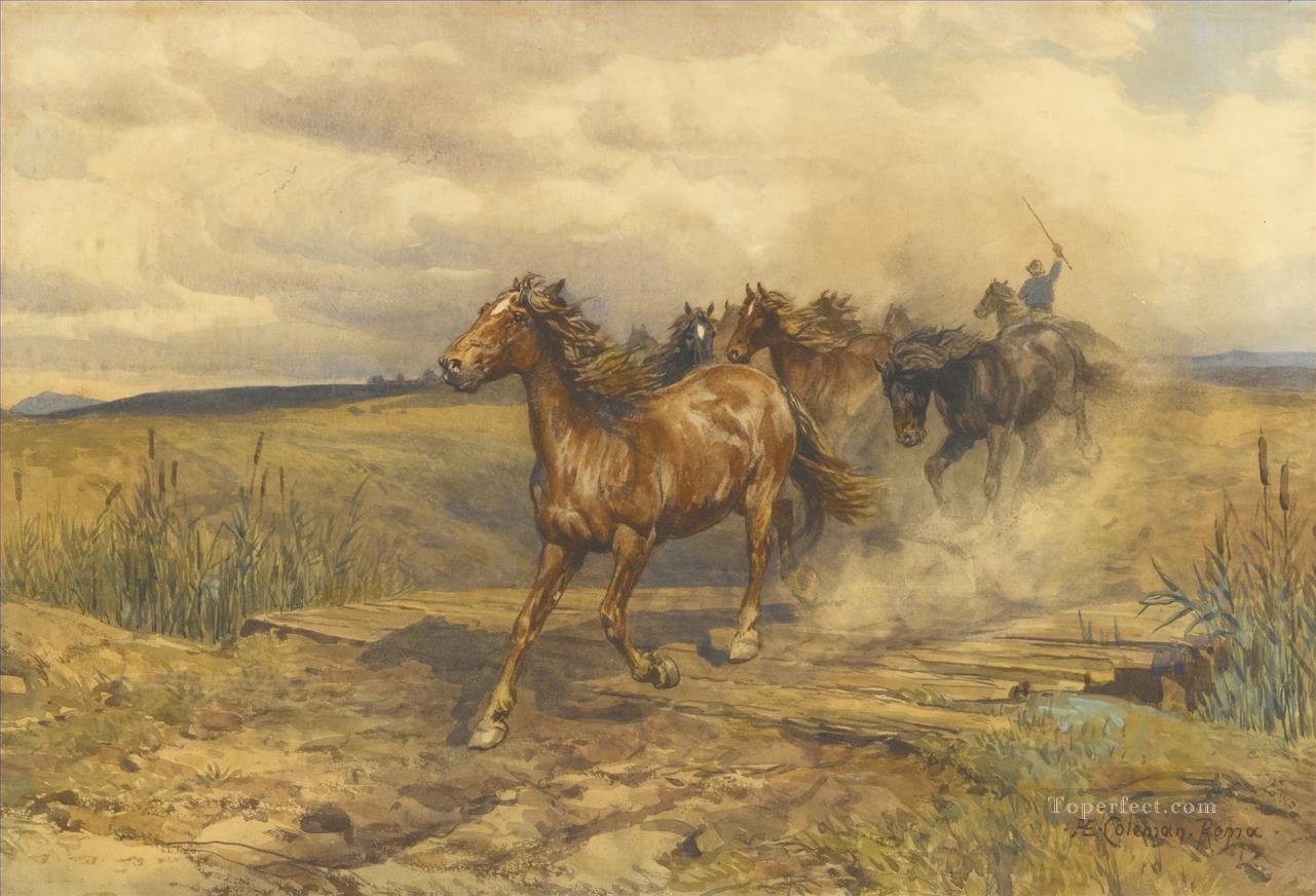 Pastoreando caballos Enrico Coleman género Pintura al óleo